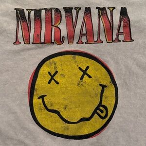 NIRVANA Yellow Smiley Face Band Tee with Red Accents
